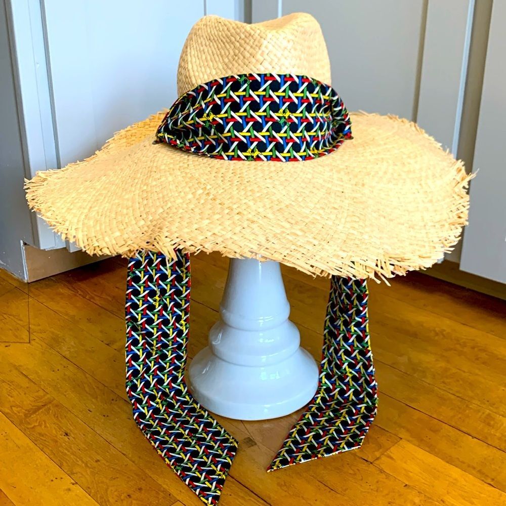 NWT Tory Burch Straw Hat with Silk Tie in Black Basketweave Print OS